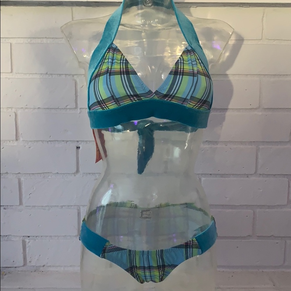 Beach Punk Plaid Retro Hipster Halter Bikini M NWT